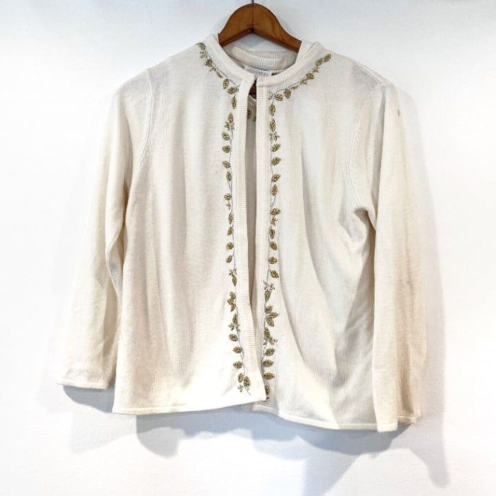 Designers Originals Sweater Set Cardigan/Shell Cream Metallic Embroidery 2 Piece
